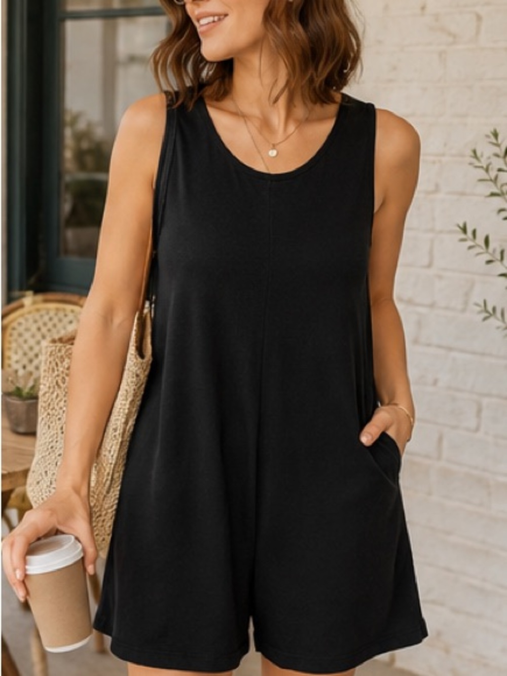 NWT Madewell romper black sleeveless scoop neck pockets cotton knit Size XS